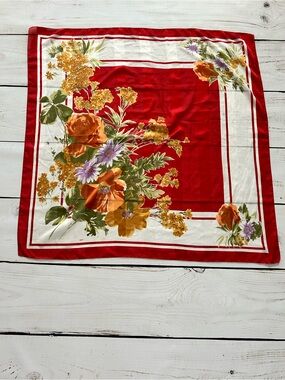 Vintage Silk Red Floral Square Scarf